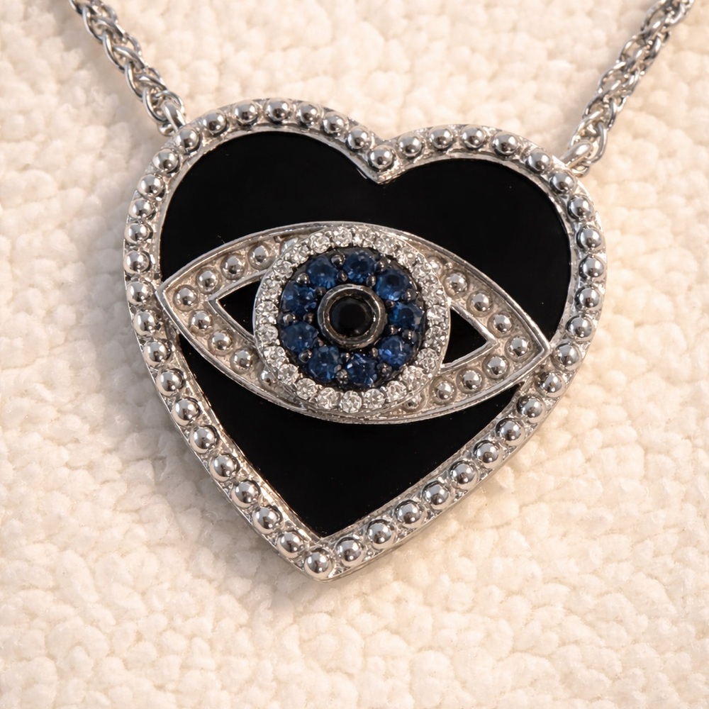 Heart Pendant Necklace with Blue Evil Eye Accent - Silver Tone